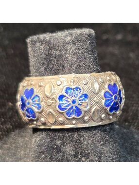 Blue Enamel Design Sterling Ring Sz 5